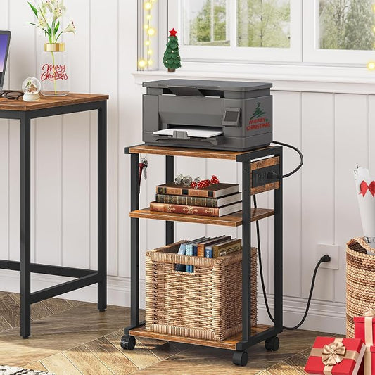 HOOBRO Industrial Printer Stand with Charging Station, 3-Tier Printer Table, Rolling Printer Cart with Adjustable Shelf and Hook, Rustic Brown and Black BF28UPS01