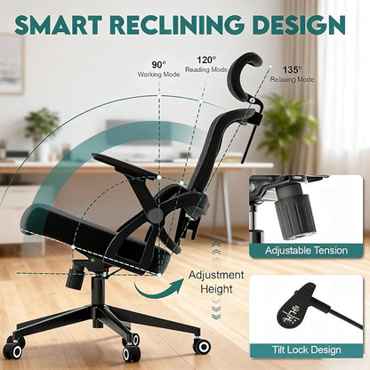 Ergonomic Office Chair - 400LB Comfy Desk Chairs with Adjustable Headrest and Lumbar Back Support, Mesh Computer Chairs with Wheels and Arms for Home Office, Study (218Black-With Headrest-NEW)