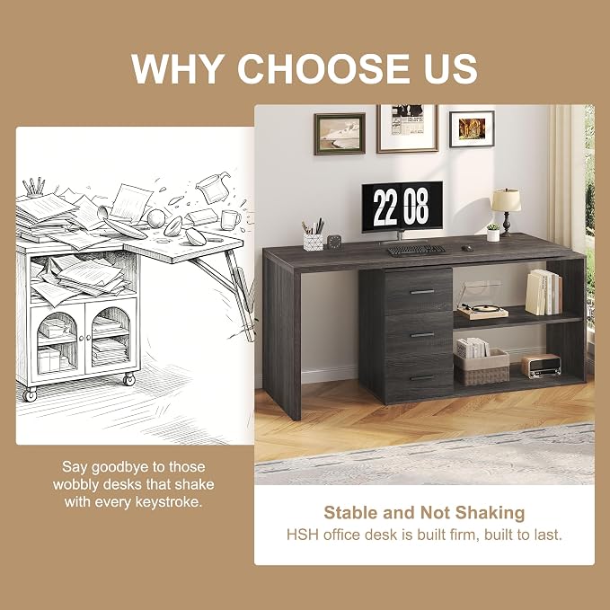 HSH L Shaped Office Desk with Drawers Shelves 55-76 Inch, Corner Computer Desk with Storage 360 Rotating Long for Work, Executive, Study, Writing, Teacher, Bedroom Modern Gaming Table, Dark Grey