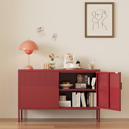 Metal Storage Cabinet,2 Door TV Stand, Metal Mesh Accent Cabinet,Magnetic Door Closure,Low Storage Cabinets with Doors and Shelves
