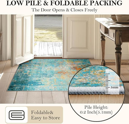 RELEANY Washable Area Rugs 5'x7' Non-Slip Modern Abstract Soft for Living Room Entryway Bedroom Kitchen, Print Pattern, Teal Blue Green Orange Rust Red Coloreful