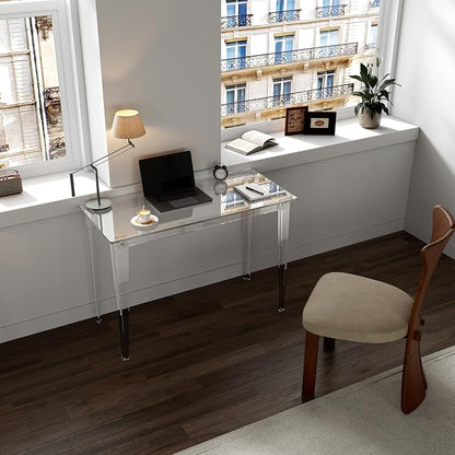 HMYHUM Acrylic Computer Desk, Modern Study Desk for Home, Office, Writing, Vanity, Easy Assembly Right-Angle Legs Design, Clear, 43.3" L x 19.7" W x 29.5" H