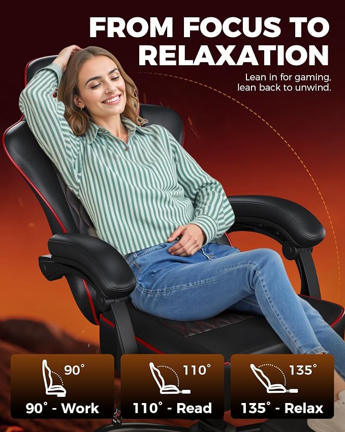 GTPLAYER Gaming Chair, Computer Office Chair with Pocket Spring Cushion, Linkage Armrests, Comfortable Leather Computer Chair, Black & Red
