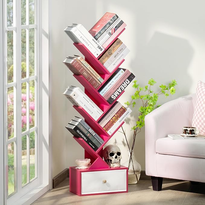 SHEEPAM 8 Tier Tree Bookshelf with Drawer, Free Standing Wood Bookcase for Narrow Space, Storage Organizer Bookshelves for Books, Book Case for Home Office, Living Room, Bedroom - Pink
