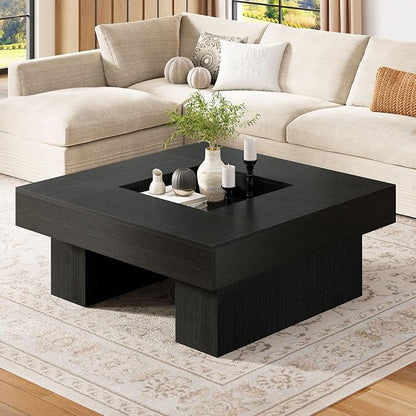 LVB Black Coffee Table, Modern Wood Led Living Room Table with Storage, Unique Large Wide Square Center Table with LED Light, Contemporary Low Tea Table for Bedroom Home Office, 39.37 Inch, Black Oak