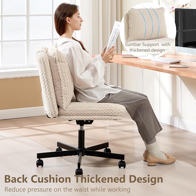 Fizzin Criss Cross Chair,Armless Cross Legged Chair with Wheels,Memory Foam Seat Office Desk Chair with Flipable Back Cushion,Mid Back Swivel Chair for Home Office,Bedroom Vanity (Beige)