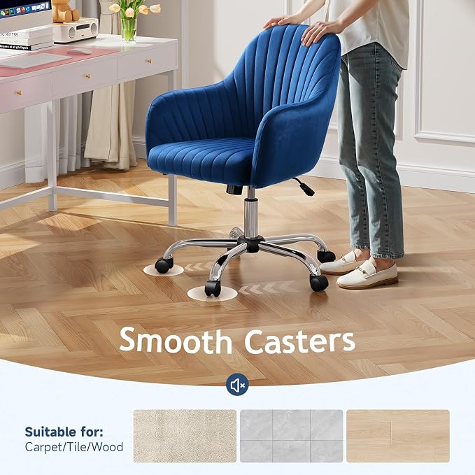 Warmiehomy Office Chair, Velvet Desk Chair for Women, Comfy Vanity Chair with Wheels, Home Computer Chair with Arm Rest for Bedroom, Royal Blue