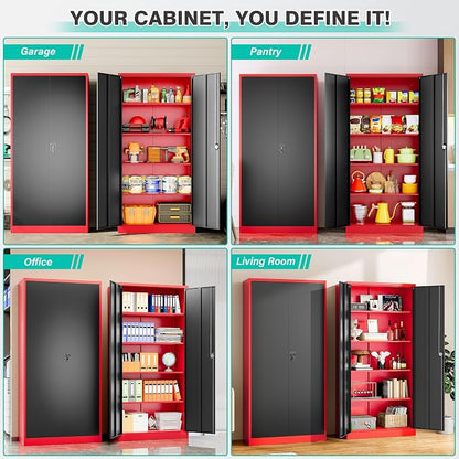 SISESOL Red Metal Storage Cabinet with Locking Doors and Shelves,Garage Storage Cabinet with Lock,Steel Locker,Lockable Cabinets for Home,Office,Shop,Garage Cabinets