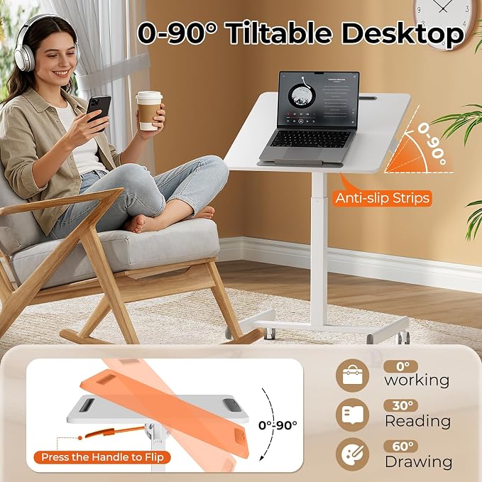 JOY worker Mobile Standing Desk, 23.6" x 20.5" Small Rolling Laptop Cart with 90° Tiltable Desktop, Portable Height Adjustable Sit-Stand Computer Desk on Wheels for Home Office, White