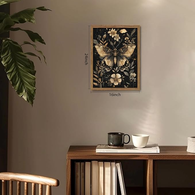 Vintage Moth Canvas Wall Art, Dark Academia Gothic Decor, Insect Botanical Painting, Enchanted Moth Flowers Picture Print, Nature Wall Decor for Living Room Bedroom 16x24 inch Wood Framed