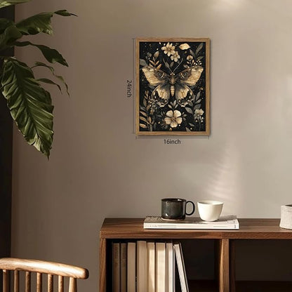 Vintage Moth Canvas Wall Art, Dark Academia Gothic Decor, Insect Botanical Painting, Enchanted Moth Flowers Picture Print, Nature Wall Decor for Living Room Bedroom 16x24 inch Wood Framed