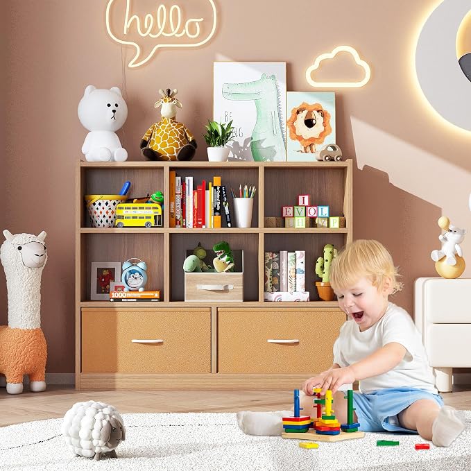 Adompacat Cube Bookshelf Storage Organizer Bookcase,8 Cube Open Mid-Centur Shelf,Freestanding Display Bookshelve, Modern Wide Toy Shelf with Drawers for Bedroom Living Room Office (Natural)