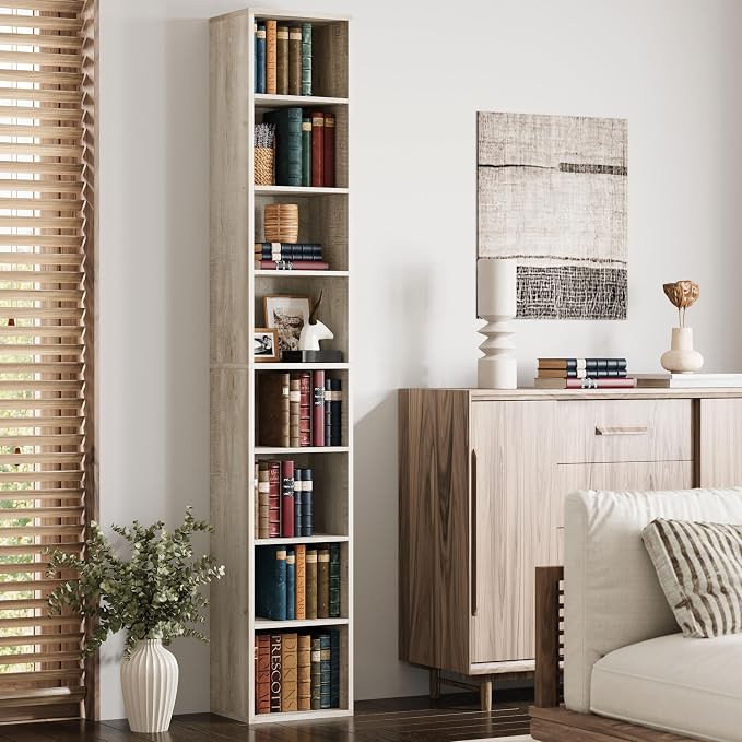 IRONCK Tall Narrow Bookshelf 8 Tiers, Compact Corner Bookcase, Floor Standing Display Storage Shelves 71 in Tall, Easy to Match for Living Room, Office, Study, Bedroom