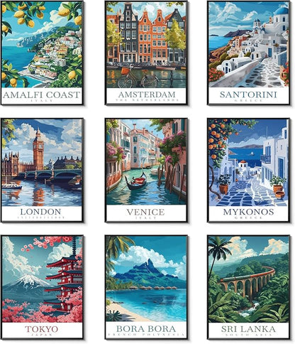 Vintage Travel Cities Posters Wall Art Set of 9,Europe Italy Cities Wall Decor, Trendy Modern The World Travel Canvas Art Prints Painting for Living Room Bedroom Bathroom Home Decor 8x10In Unframed