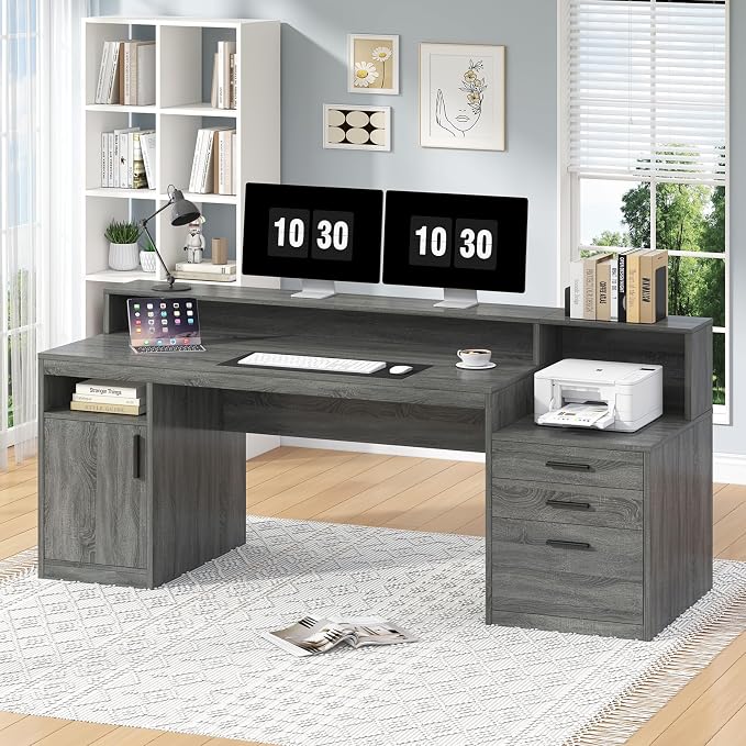 YOMILUVE Executive Computer Desk with 3 Drawers & Storage Shelves, 65 Inch Home Office Desk with File Drawer & Cabinet, Writing Study Desks with Monitor Stand & Printer Shelf, Dark Grey