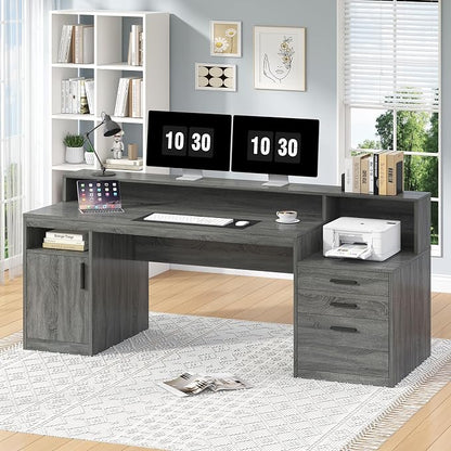 YOMILUVE Executive Computer Desk with 3 Drawers & Storage Shelves, 65 Inch Home Office Desk with File Drawer & Cabinet, Writing Study Desks with Monitor Stand & Printer Shelf, Dark Grey