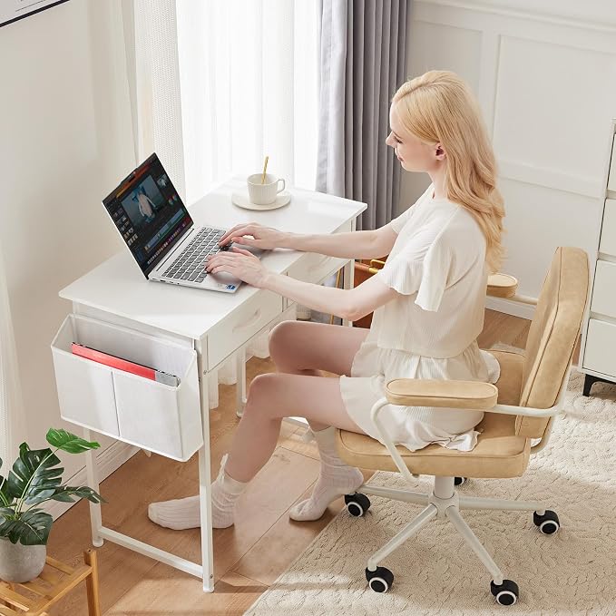 OLIXIS 32 Inch Small Desk with Fabric Drawers for Home Office, Gaming Computer Desk with Side Bag & Headphone Hook, Writing Study Work Table for Bedroom Small Space, Natural White