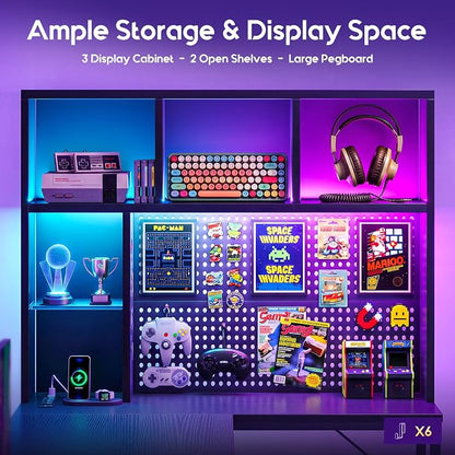 AODK 63" L Shaped Gaming Desk with Hutch, Pegboard & Shelves, L Shaped Desk with 4 Drawers, Integrated LED Light Strip & Power Outlets, Reversible PC Gaming Computer Desk, Black