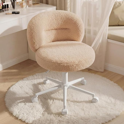 Homkdom Round Vanity Chair with Wheels, Ultra-Soft Desk Chair, Height Adjusts to Your Mirror, Silent Casters, Cute Bedroom Dressing Chair for Daily Beauty Routines, Yellow