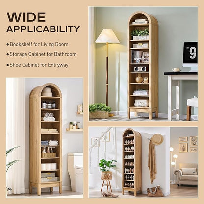 IFGET 71" Tall Arched Bookshelf, 8 Tiers Arch Bookcase with Storage, Modern Farmhouse Book Shelf with Adjustable Shelves, Wood Bookshelf w/Open Display Shelves for Living Room, Office (Natural)