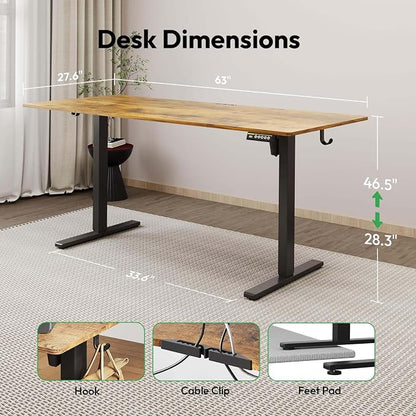 Large Electric Standing Desk,63x28 Inches Adjustable Height Stand up Desk, Sit Stand Home Office Desk, 3 Preset Heights,Equipped with Hooks,Ergonomic Computer Desk Workstation，Brown