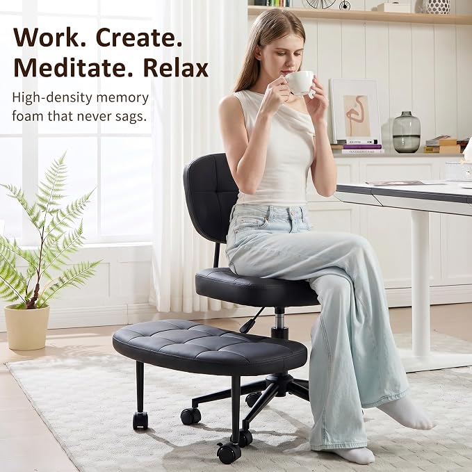 Criss Cross Chair Armless Office Chair for Cross Legged Sitting, 300lb Heavy Duty Ergonomic Desk Chair for ADHD, Adjustable Meditation Yoga Kneeling Chair with Brake Wheels for Home Office (Black)