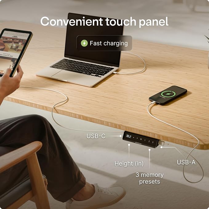 Desktronic HomeOne Standing Desk 60x30 — Ergonomic Sit Stand Home Office Desk, Made in Europe, Electric Dual Motor Height Adjustable, USB & USB-C Charging, Wobble-Free, Touchscreen, 3 Memory Presets