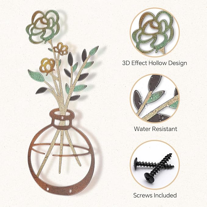 Mcdagogn 3 Pieces Metal Flowers Wall Decor - Rustic Farmhouse Wall Arts, Boho floral Minimalist Wall Decor for Living room Bathroom Bedroom laundry Room Kitchen Office - Housewarming Gifts