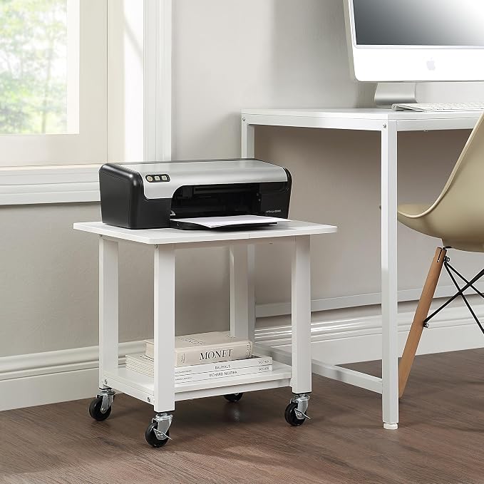 SunnyPoint 2-Tier Mobile Stand with Lockable Wheels — Printer Cart, Mini Fridge Stand, Portable Electronic Device & Projector Holder | Under Desk Storage Shelf for Home & Office, 18.9" x 15.75" (WHT)