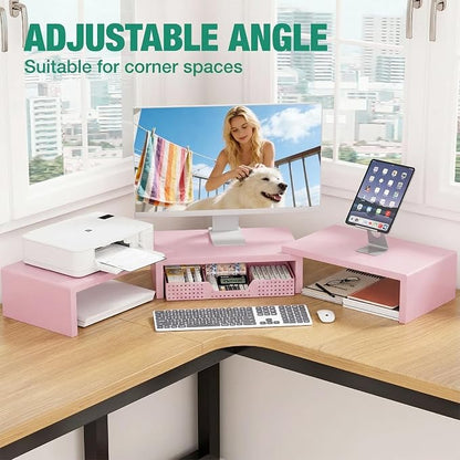 OPNICE Desk Organizers and Accessories, Dual Computer Monitor Stand Riser with Drawer, Office Decor for Women, Office Desk Accessories & Workspace Organizers for Home Office Supplies, Pink