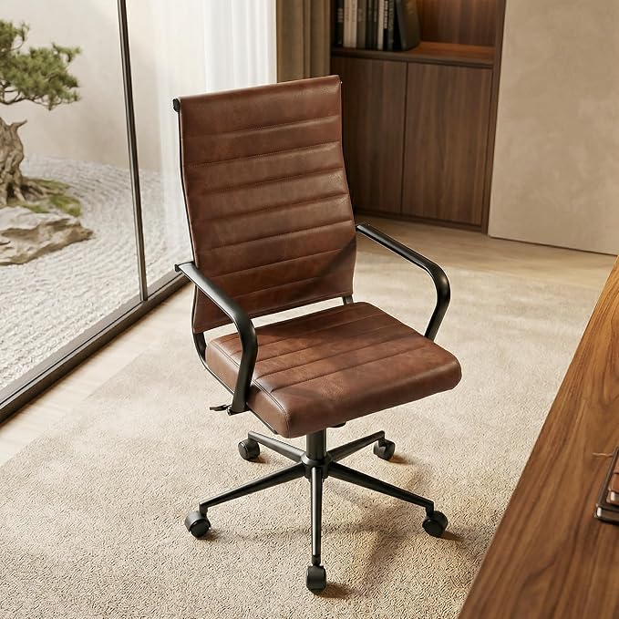Okeysen Leather Office Desk Chair, Mid-Century Modern Leather Conference Room Chairs, Ergonomic Executive Ribbed Height Adjustable Swivel Rolling Chair for Home Office.
