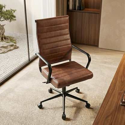 Okeysen Leather Office Desk Chair, Mid-Century Modern Leather Conference Room Chairs, Ergonomic Executive Ribbed Height Adjustable Swivel Rolling Chair for Home Office.
