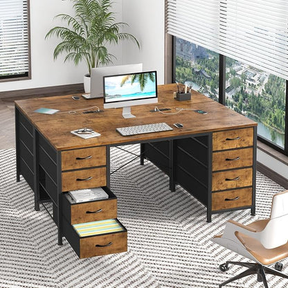 YOMILUVE 50 Inch Computer Desk with 8 Drawers, Home Office Desk with Power Outlets, Work Study Gaming Desk with 8 Fabric Drawers, Rustic Brown