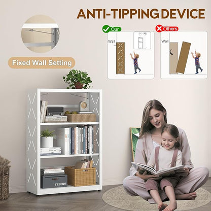 UNICOLY Bookshelves and Bookcases, 3 Tier Metal Bookshelf with Adjustable Shelves and Bookends, Open Shelf Bookcase, Display Shelves for Home Decor Bedroom, Living Room, Home Office, White