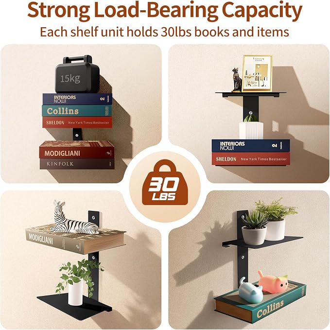 Professional Invisible Floating Book Shelves for Wall, 4 Tier Vertical Spine Book Tower Hanging Bookshelves, Wall Mounted & Space Saving, Heavy Duty Metal Book Organizer for Home Office, 2 Pack Black