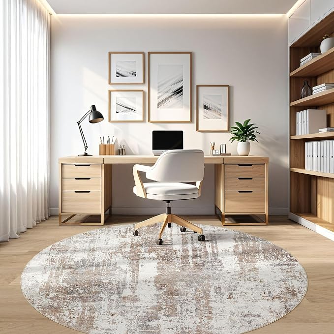 Round Rug Living Room Rugs: 6Ft Washable Circle Large Abstract Modern Soft Stain Resistant Non-Slip Indoor Floor Thin Carpet for Bedroom Nursery Office Dining Room Dorm Home House- Brown