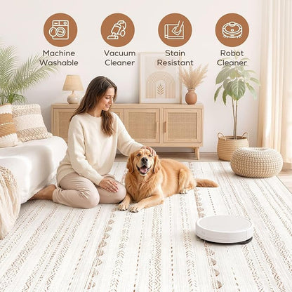 Nakagishi Area Rug Living Room Rugs: 6x10 Large Soft Machine Washable Boho Moroccan FarmNeutral Stain Resistant Indoor Floor Carpet for Bedroom Under Dining Table Home Office Decor-Cream Brown