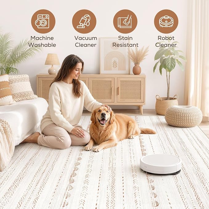 Nakagishi 6x8 Area Rugs Living Room: Washable Boho Large Neutral Soft Farmhouse Rug Stain Resistant Modern Indoor Floor Non-Slip Carpet for Bedroom Nursery Kids Playroom Office Dining Room Dorm- Brown