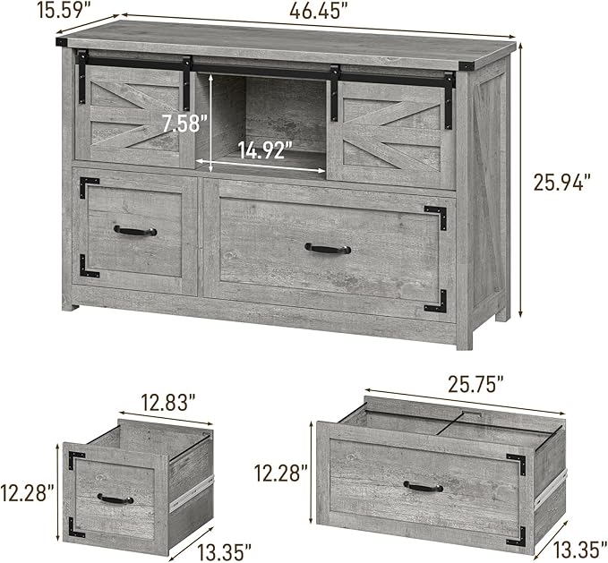Halitaa Lateral File Cabinets 2 Drawer with Sliding Barn Doors, Farmhouse Filing Cabinet with 2 Drawer for Home Office，Filing Organization Storage Cabinets for Hanging Files Letter/Legal/F4/A4. Grey