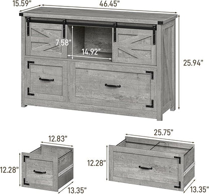 Halitaa Lateral File Cabinets 2 Drawer with Sliding Barn Doors, Farmhouse Filing Cabinet with 2 Drawer for Home Office，Filing Organization Storage Cabinets for Hanging Files Letter/Legal/F4/A4. Grey