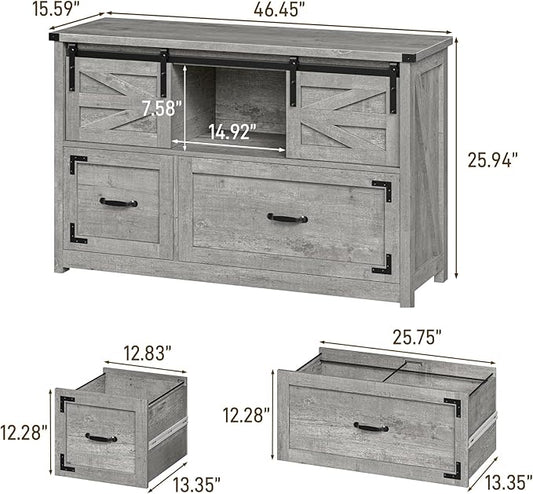 Halitaa Lateral File Cabinets 2 Drawer with Sliding Barn Doors, Farmhouse Filing Cabinet with 2 Drawer for Home Office，Filing Organization Storage Cabinets for Hanging Files Letter/Legal/F4/A4. Grey