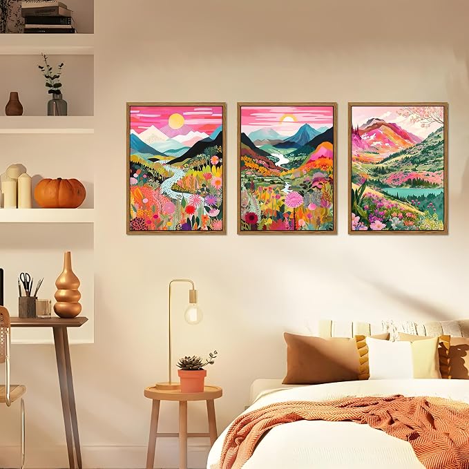 Floating Framed Boho Colorful Mountain Wall Art Set of 3, Abstract Watercolor Landscape Flower Wall Decor Paintings, Modern Nature Sunset Forest Posters Prints for Living Room, Bedroom 12x16 Inch