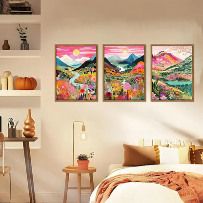 Floating Framed Large Boho Colorful Mountain Wall Art Set of 3, Abstract Watercolor Landscape Flower Wall Decor Paintings, Modern Nature Sunset Forest Posters Prints for Living Room 16x24 Inch