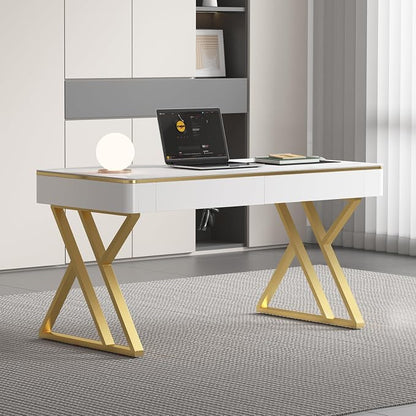 Modern Office Computer Desk with Tempered Glass Top & Marble Pattern, White Wooden Gaming Desk with Drawers, Thick Lacquered Writing Desk for Home Office, Bedroom and Living Room (Z-104)
