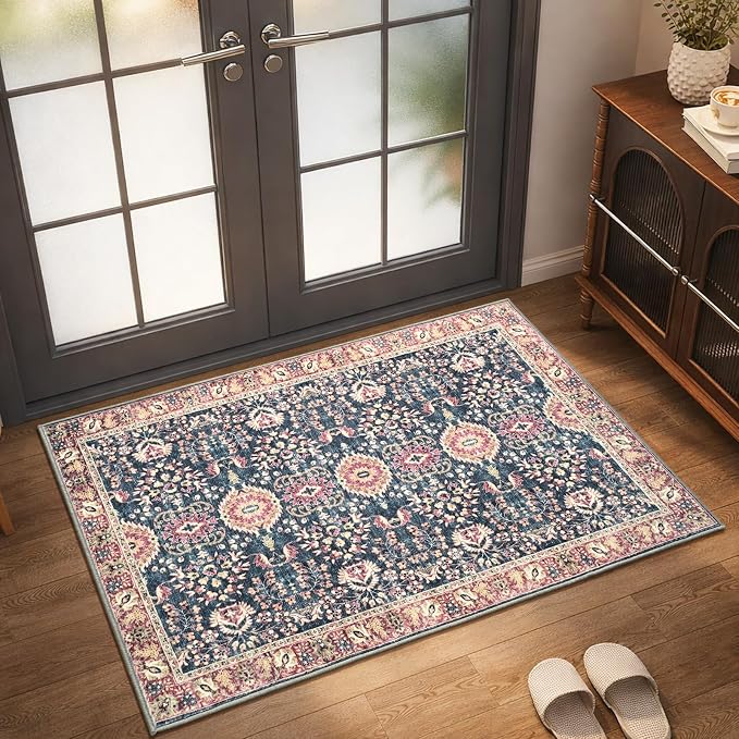 Goideal Washable Rug 2x3, Vintage Area Rugs Non Slip, Indoor Low Pile Carpet with Rubber Backing for Kitchen Bathroom Entryway Office Bedroom,Deep Navy & Terracotta