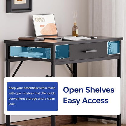 Pamray 32 Inch Small Computer Desk with Drawer and Shelves Simple Study Work Table for Bedroom Grey
