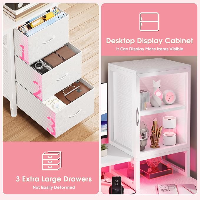 DurayLoly 55" White Computer Desk with 2 Acrylic Cabinet & 3 Fabric Drawers | Integrates Ample Storage & Display, Great Fit for Small Spaces, Outlets Suitable for Studying, Working & Gaming Equipments