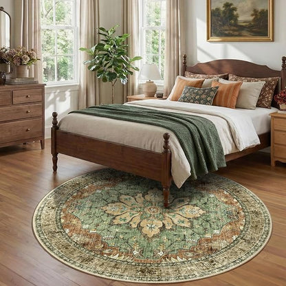 RELEANY Area Rugs Round 7ft Washable Non-Slip, Floral Vintage Distress Medallion Carpet for Living Room Bedroom Dining Room, Terracotta Burnt Orange Green