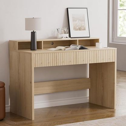 EYYTHUNG Fluted Executive Desk with Storage Shelf, 47" Modern Wood Home Office Desk with Long Monitor Stand & 2 Drawers, Writing Study Computer Table Vanity Desks, Light Oak