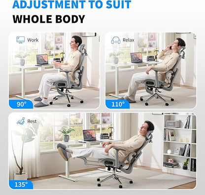 Mesh Ergonomic Office Chair with Footrest, Grey | High Back, Lumbar Support, Adjustable Headrest and Armrests, Gaming Chair,Home Office Desk Chair